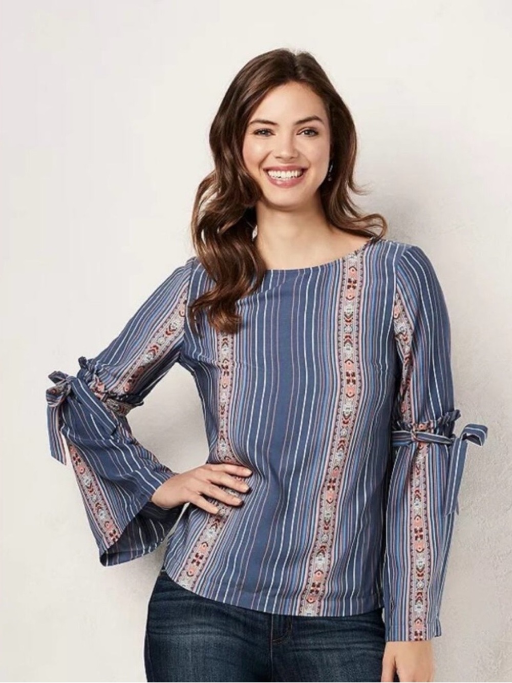 Lauren Conrad Blue Pink Striped Floral Tie Bell Sleeve Women's Blouse Top Shirt